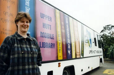 Image: Upper Hutt City Library; mobile library bus repainted; shown with mobile assistant librarian Kerry O'Keefe.
