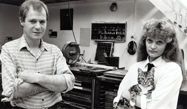 Image: Sandiford Print, 1A Brown Street; owner Neville Sandiford, assistant manager Karen Apperley, Moggy the cat.