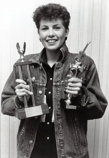 Image: Brenda Anderson, 1990, country singer/songwriter, and song-writing trophies for her song "The Organist".