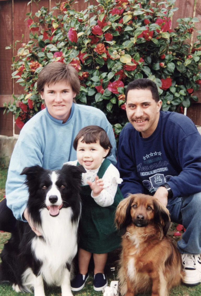 Image: Maureen and Riki Samuel with their daughter Aroha and prizewinners from the Tux National Dog Show.