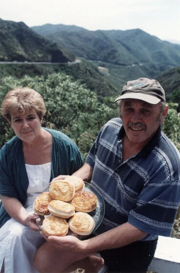 Image: Rimutaka Hill road, looking north-west from the summit; 'Pie in the Sky' tearooms owners Charlie and Robyn Parker.