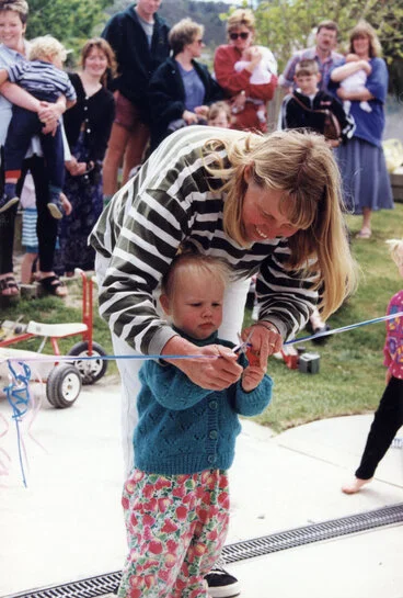 Image: Te Marua/Mangaroa Playcentre, Birchville; Wendy Pfeffer and youngster Suzannah Press open extension.