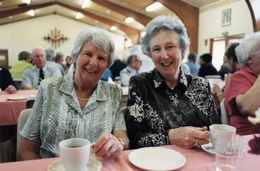 Image: Ōrongomai marae 1999; lunch for members of 60s Up and Probus Clubs; Hazel Bailey, Shirley McLean.