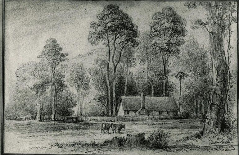 Image: Compton's farm, Te Awa Kairangi / Hutt River, New Zealand; pencil sketch by W. Swainson.