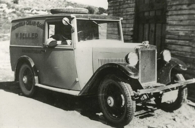 Image: William Deller, Silverstream; fresh milk, cream, eggs, in his Morris Minor van.