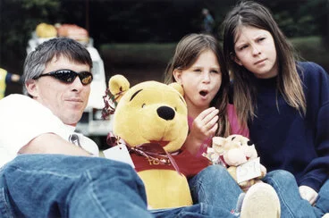 Image: Teddy bears’ picnic, 2000; Brent Duffy with daughters Jessica and Sara.