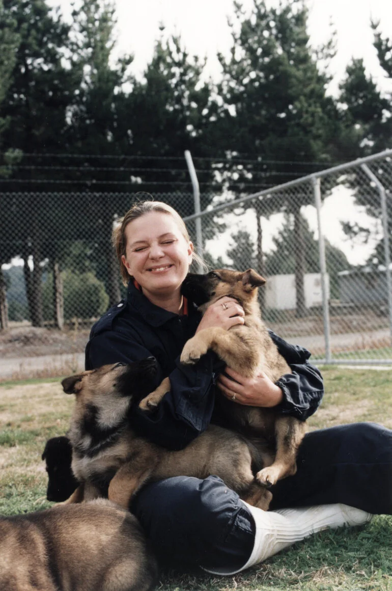 Image: Police dog breeding services manager Justine Askew with puppies; foster homes sought.