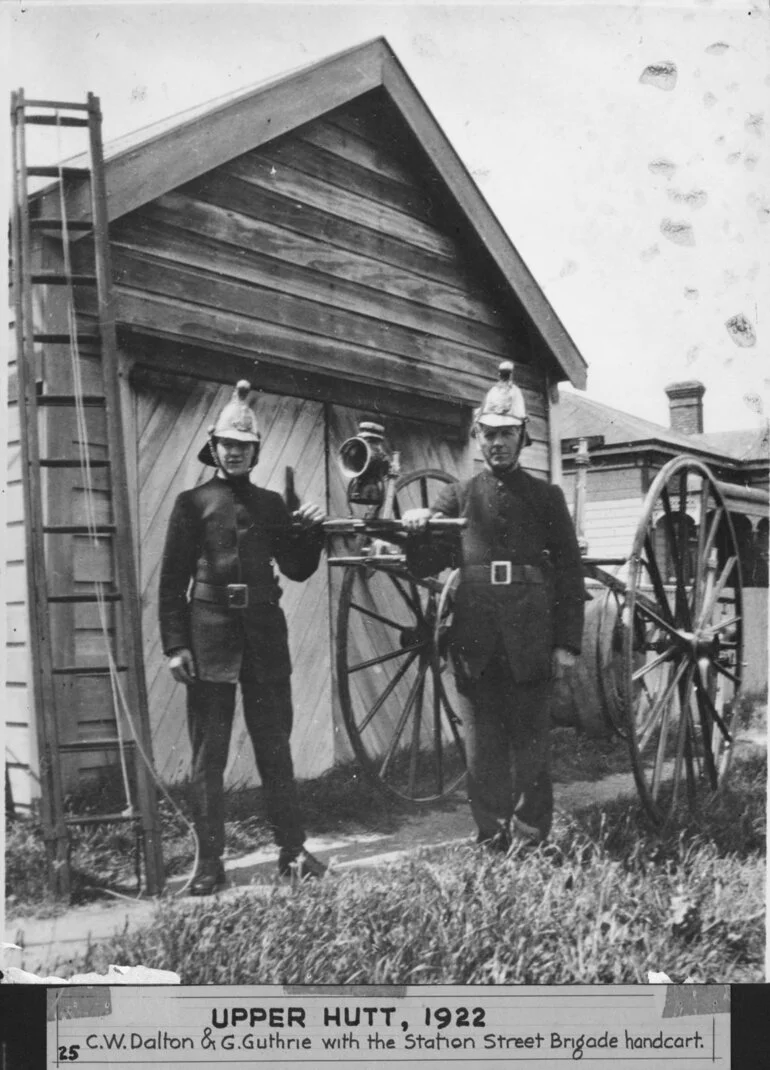 Image: Fire Service; Russell Street brigade; C W Dalton and G Guthrie with the hand cart. [P5-10-458]