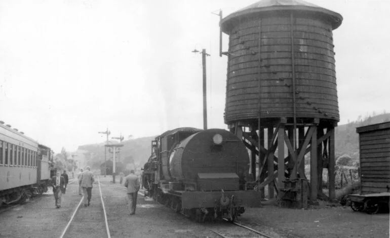 Image: Upper Hutt railway yard; Ab-class locomotive, water vat - October 1953.