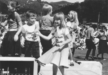 Image: Summer Carnival 1987, Trentham Memorial Park; Rock 'n' rollers Aaron Haswell and Rachel Parsley, 7; Clinton Haswell and Tracy Parsley, 10, beyond.