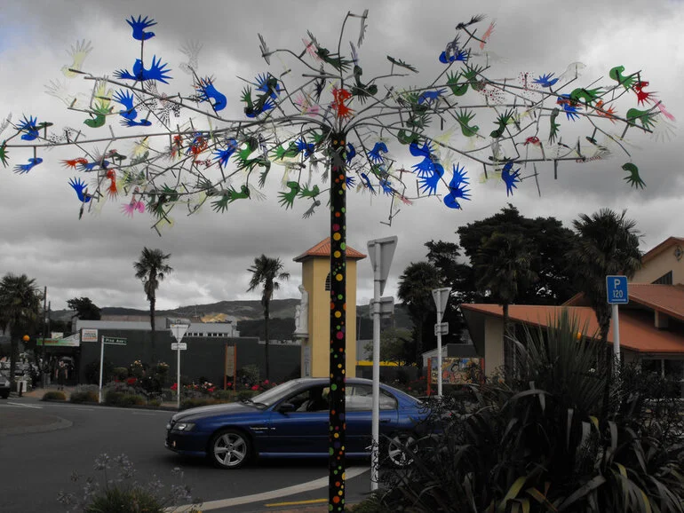 Image: Street art; corner of Main Street and Pine Avenue; fantail tree.