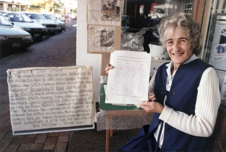 Image: Betty Mead with petition for better dog control