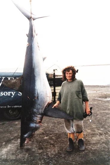Image: Fishing; Pam Ritchie lands a 264 kilogram mako shark in Ngawi Big Three competition.