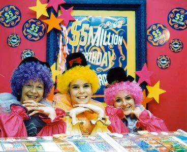 Image: Lotto; $5 million super draw; Priddles Hairdressers and Lotto clowning for the occasion