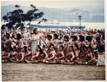 Image: Māwai Hakona 1974; at Waitangi for New Zealand Day; Royal Yacht in background.