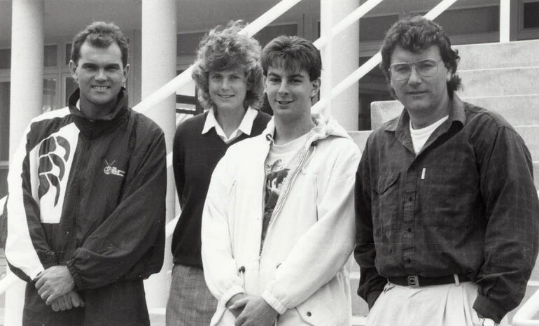 Image: Upper Hutt College visit; New Zealand cricket captain Martin Crowe and Richard Reid.