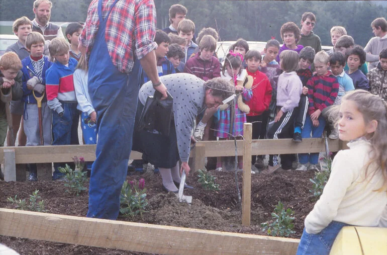 Image: Arbor Day 1987; Councillor Shirley Russell plants a tree in Trentham Memorial Park.