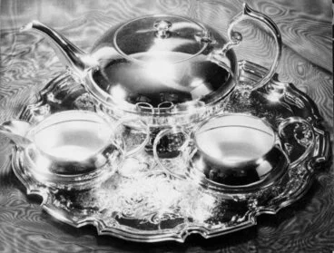 Image: Hazelwoods sales pictures; silver-plated tea pot, milk jug, and sugar basin on tray.