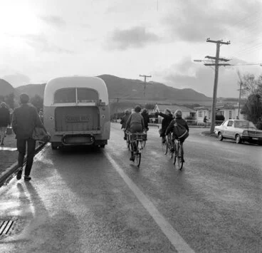 Image: Upper Hutt College; Cyclists and Bus; ca.1960s