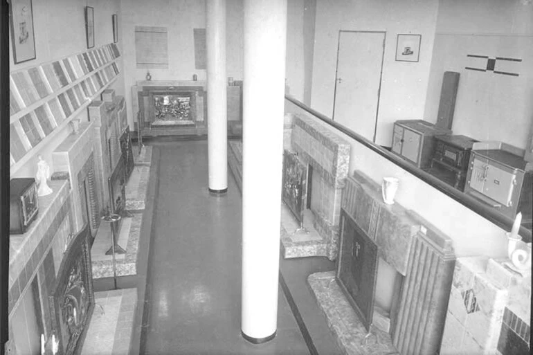 Image: Interior view of John Burns and Company showroom showing fireplaces