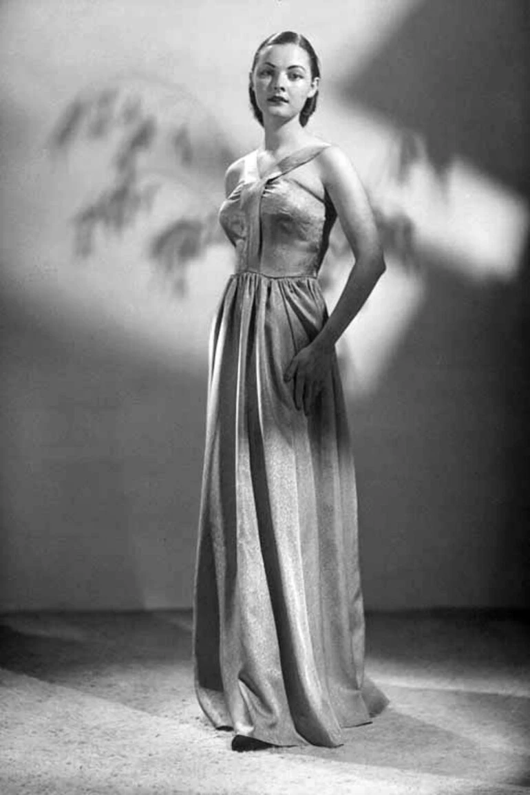 Image: Full length portrait of Ann Thomas modelling for Reslau Frocks