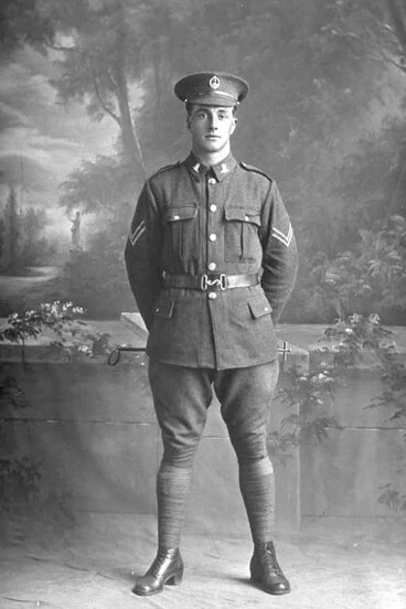 Image: Full length portrait of Corporal Henry Archibald Basil Cruller, Reg No 31401, of the 19th Reinforcements, J Company. Killed in action in France on 12 October 1917 at the Battle of Passchendaele.