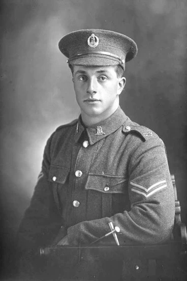 Image: 1/2 portrait of Corporal Henry Archibald Basil Cruller, Reg No 31401, of the 19th Reinforcements, J Company. Killed in action in France on 12 October 1917 at the Battle of Passchendaele.
