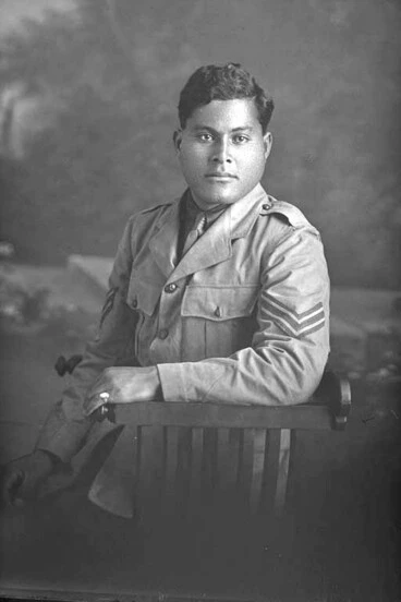 Image: 3/4 portrait of Corporal Harry, probably (private in the roll) Purie Dave Harry, Reg No 16/1371, of the 3rd Maori Contingent, Rarotongans, New Zealand Maori Pioneer Battalion.