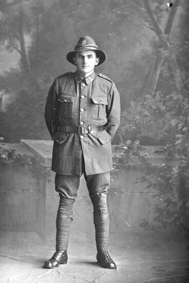 Image: Full length portrait of Rifleman Olds of the New Zealand Rifle Brigade, possibly Harold Olds, Reg No 46478, J Company. Killed in action in France on 12 October 1917 at the Battle of Passchendaele.