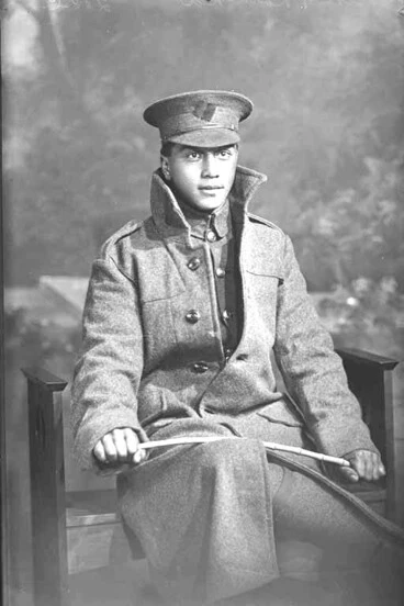 Image: 3/4 portrait of Private Percy Rameka, Reg No 16/1574, of the 5th Maori Contingent, New Zealand Maori Pioneer Battalion. Died at sea en route to New Zealand from France on 26 May 1918.