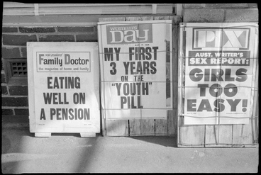 Newspaper billboards outside Barnaby's Book Shop Image: Newspaper billboards outside Barnaby's Book Shop