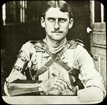 Image: Quarter length portrait of a unidentified wounded soldier missing his left arm