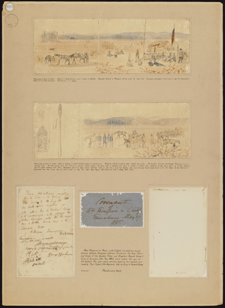 Image: The signing of the covenant between General Carey and Wiremu Tamehana, May 1865.