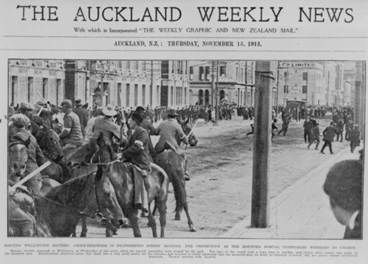 Image: Routing Wellington rioters. Stone throwers in Featherston Street running for protection as the Mounted Special Constables wheeled to charge.