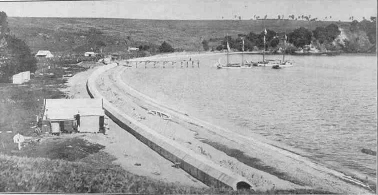 Image: Looking west along Okahu bay showing the wharf and sailing....