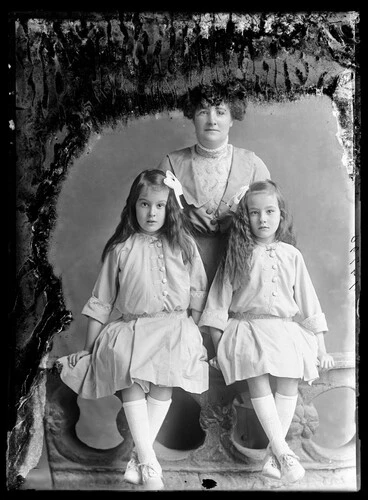 Image: 3/4 length portrait of Mrs Langton and two children.