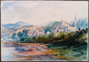 Image: Bishops House and St Pauls Church, Wellington from the Beach Road, 1867, from a watercolour by Caroline Harriet Abraham