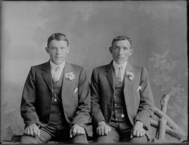 Image: 3/4 length family portrait of two men in the Miscevich group,....