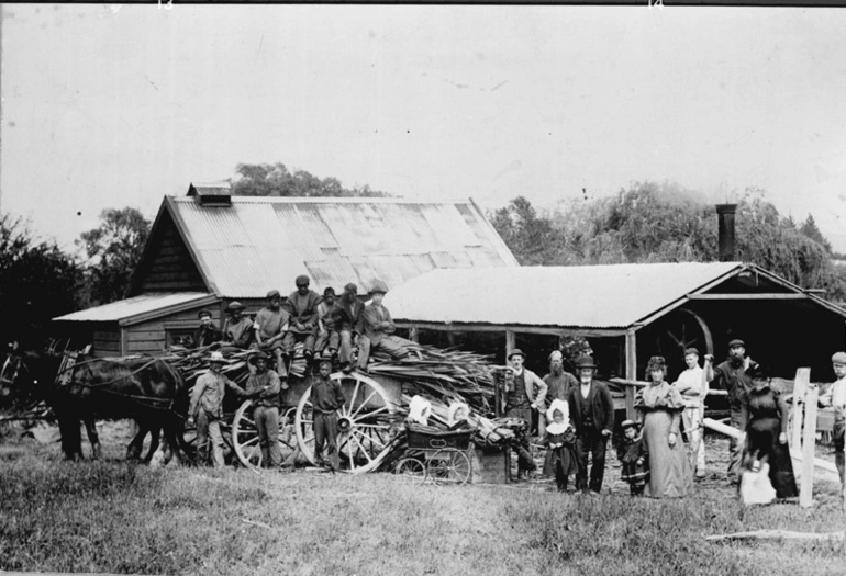 Image: Showing a horse drawn cart laden with flax on the Kawakawa Bay highway...