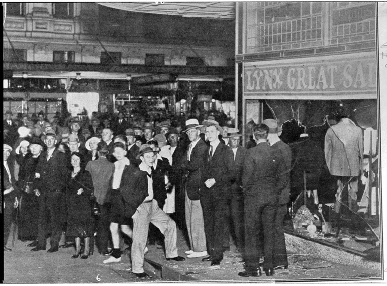 Image: Looking east towards Queen Street showing crowds gathered during the riots... April1932