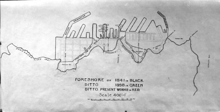 Image: Map outlining the Auckland foreshore as it was 1841, the extent....