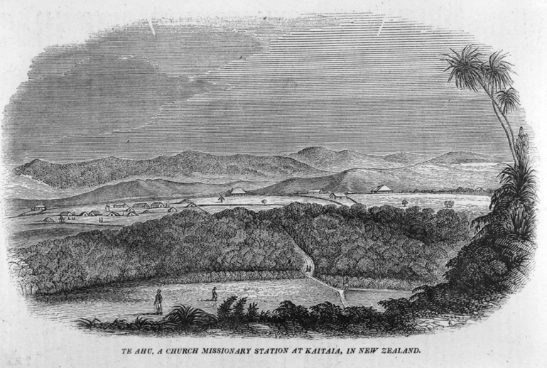 Image: Engraving from Missionary Register showing the mission station at Te Ahu near Kaitaia...1840