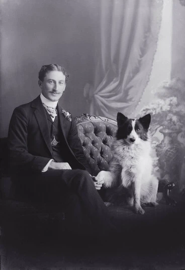 Image: 3/4 length portrait of Mr Raynes seated, with a large moustache....