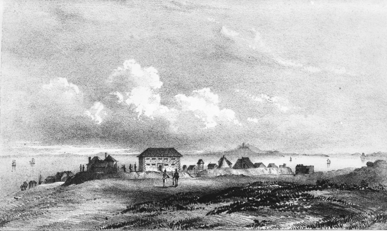 Image: A drawing looking north showing Point Britomart with the Barracks...