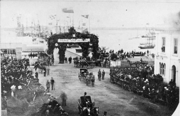 Image: Showing Alfred Duke of Edinburgh and Royal Party arriving at Queens Wharf, Auckland Central...