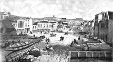 Image: Lithograph of Auckland in year 1852 from Queen Street Wharf showing Queen Street and corner of Shortland Street ...