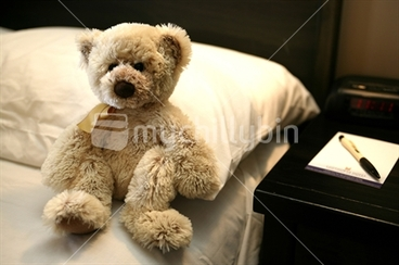 Image: A teddy bear awaits its master at bedtime