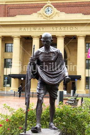 Image: Bronze statue of Ghandi, outside main entrance to Wellington's Railway station.
