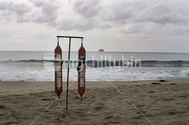 Image: Surf lifesaving belts hanging on the beach