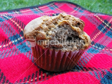 Image: A banana muffin on a picnic blanket